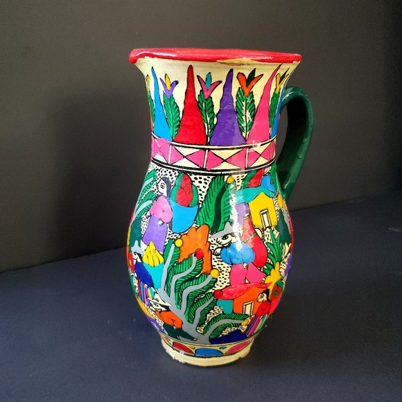 Vintage Mexican Folk Art Handmade Pitcher Jug Colourful Hand Painted Vase 8"H - Picture 2 of 6